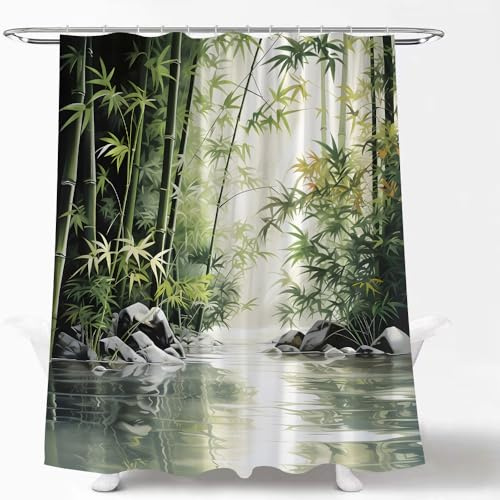 LAEDCIITI Bamboo Shower Curtain Vintage Asain Ink Painting Green Bamboo Forest Water Pond Stone Zen Spa Relaxing Rustic Wild Nature Plant Spring Scenic Fabric Bath Curtain with Hook