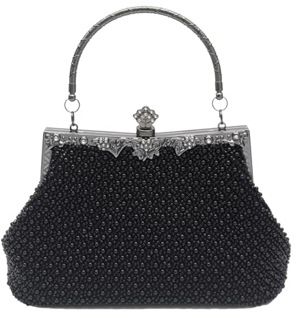 lapulio Bolso de noche estilo vintage de los años 1920 con cuentas de color sólido, elegante y sencillo, adecuado para mujeres en bodas y fiestas, Negro, 8.7 x 3.2 x 6.1