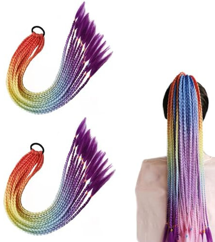Lohill 2 Stück Bunte Haarsträhnen, Zopf Geflochten Haarteil, Haarteile Schmutziger Pferdeschwanz, Haarverlängerungen Geflochtenes, Geflochtener Zopf für Kinder und Frauen