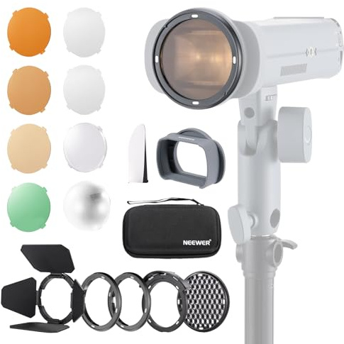 NEEWER CRM5 Kit d'Accessoires Magnétiques pour Flash Q3, Adaptateur Tête Carrée à Tête Ronde avec Coupe Flux, Grille, Dôme Diffuseur, Panneau Diffuseur, Visière, Gels de Couleur, Boîte de Transport