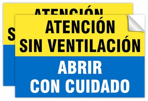 Pack de 2 Pegatinas Homologadas Atención Sin Ventilación - Abrir Con Cuidado 28x18 cm Vinilo de Alta Adherencia para Señalización en Vehículos de Transporte de Gases (28x18 cm)