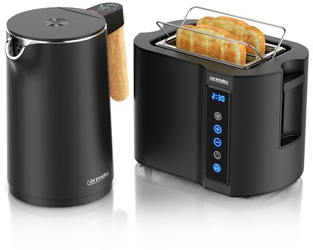 Arendo - Wasserkocher Toaster SET - Edelstahl - Wasserkocher mit Temrpatureinstellung - 45-100 Grad - Warmhaltefunktion - Toaster 2 Scheiben mit Touch Display - mit Brötchaufsatz - Schwarz Matt