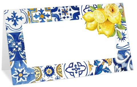 FYSUIMU 100 tarjetas de lugar de azulejos azules de 2 x 3.5 pulgadas, tarjetas mediterráneas de limón, tarjetas de asiento para primavera, verano, boda, despedida de soltera