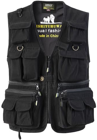 SUSHIMIAN Herren Outdoor Weste mit Vielen Taschen Jagdweste Anglerweste Multifunktionsweste Arbeitsweste Baumwolle Safari Weste Fischerweste mit Reißverschluss, Schwarz, L