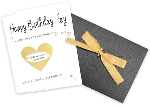 FIDWALL Birthday Surprise Scratch Card – Personalised Scratch-Off Cards – Birthday Gift for Men & Women (2 Greeting Cards, 2 Gold Heart Scratch Stickers, 1 Black Envelope with Gold Ribbon)