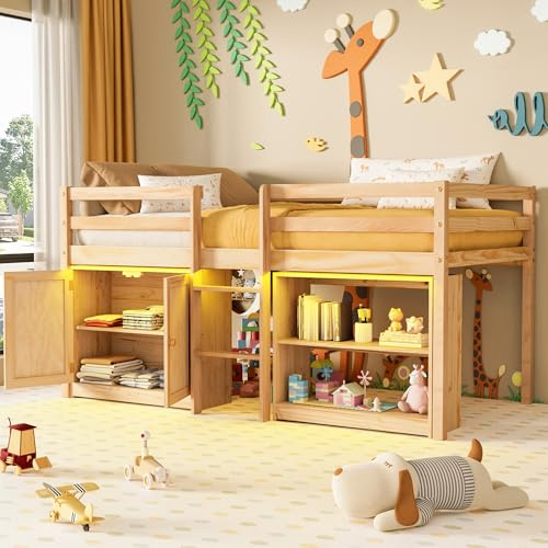 TOLEAD Wood Low Loft Bed Twin Size with Storage Cabinet, Shelf and LED Lights, Wooden Kids Loft Bed with 14 H Safety Guardrail, Ladder and Under-Bed Play Space, Natural Wood