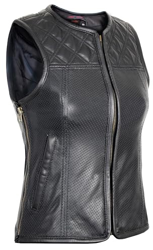 MDM Gilet de motard en cuir perforé pour femme - Épaules matelassées - Noir, Noir , M taille tall