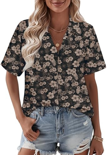 Zeagoo Women Brown Floral Printed Shirt Linen Button Down Tops Cotton Short Sleeve Blouse Hawaii Beach Shirt