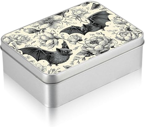 JNFBWULO Small Metal Tin Box with Lid, Rectangular Silver Metal Storage Container, 4.92×3.54×1.57 Gift Decorative Empty Box, Bat Floral