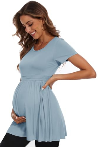 WOOXIO Women's Short Sleeve Maternity Shirts Pleated Waist Pregnancy Tops Clothes