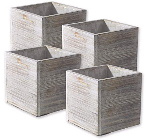 Wood Planter Box Set, Rustic Whitewash, Plastic Liners, 5 Inch Square Flower Holder, Natural Barn Wood Decor, Country Style, Home and Wedding Decorations, Garden Ornaments, (Beige Brown) (Set of 4)