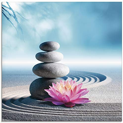 ARTland Wanddeko Glasbilder Wandbild Glas Bild einteilig 30x30 cm Quadratisch Asien Wellness Zen Steine Sand Blumen Lotusblume Spa Entspannung Blau S5XU