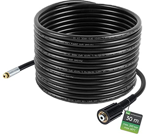 Flexible de nettoyage de tuyaux, 30m, 160-200 bar, adaptateur inclus, buses fixes + rotatives, compatible avec les nettoyeurs haute pression Kärcher K2, K3, K4, K5, K6, K7