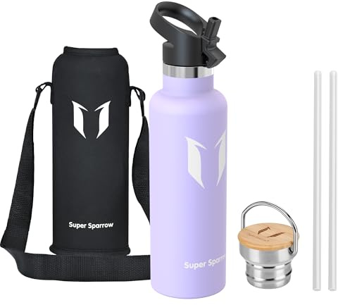 Sparrow Isolerad Vattenflaska - Rostfritt Metallflaska Sugrör 500/750ml/1L | Sportflaska, Dricksflaska, TermosFlaska, Håller kallt/varmt, BPA-fri & tål diskmaskin, Sport, TwistTrail 2 lock & påse