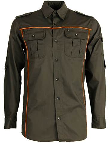Zeitnet Inc. Camicia Caccia Verde riporti Arancio Bottoni Abbigliamento Tecnico Uomo