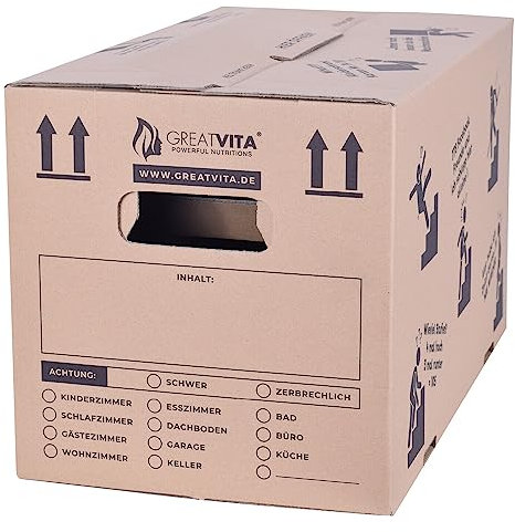 Umzugskartons 15 Stück 2‑wellig, extra stabil bis 40 kg, 600 x 330 x 350 mm, recycelte Pappe, schnell aufbauend ohne Klebeband, moving boxes sowie archivbox mit verstärkten Tragegriffen | GreatVita