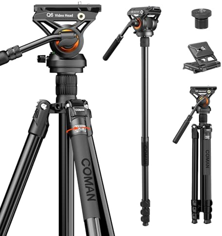 COMAN Fluid Head Tripod for DSLR Camcorder,Camera Monopod Tripod 360° Pan&+90°/-70° Tilt,New Q6 Fluid Head Aluminum Alloy QR Plate Compatible with DJI RS Gimbal Manfrotto Max Load 17.6lb (KX3939Plus