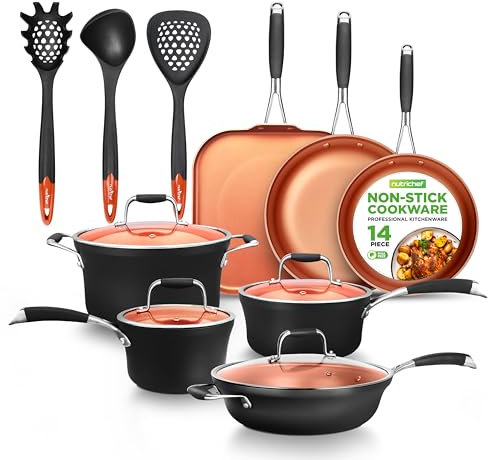 NutriChef Set di Pentole e Padelle Antiaderenti in Rame da 14 Pezzi con Coperchi, Rivestimento a 3 Strati, Padella Antiaderente Professionale, Compatibile con Tutti i Piani Cottura Gas e Forno