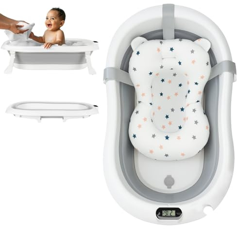 Primabobo Faltbar Babybadewanne, Große Babywanne faltbar, Kinderbadewanne mit Badesitz, für Babys von 0-36 Monaten (Premium Grau (Badekissen, Thermometer), Faltbare Babybadewanne)