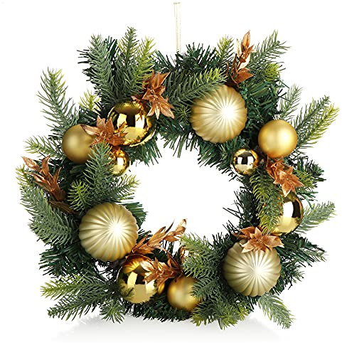 COM-FOUR® Türkranz Weihnachten - Adventskranz mit Christbaumkugeln und Zweigen - Dekokranz Ø ca. 30 cm - Weihnachtsdeko - Tischkranz - Weihnachtskranz (goldfarben/bronzefarben - Kugeln/Zweige)