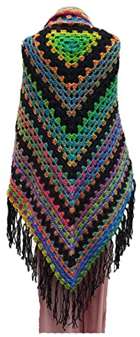 Miro Boho Chic Chal Jamaica Negro para Mujer Hecho a Mano a Crochet Tejido 10% Lana 90% Acrílico Poncho Invierno Toquilla Capa Bufanda Manta
