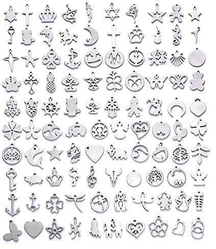 COGCHARGER 100 Pcs Stainless Steel Charms 201 Stainless Steel Pendants Mixed Shapes Charm Pendants for Jewelry Mecklace Earring Bracelet Making