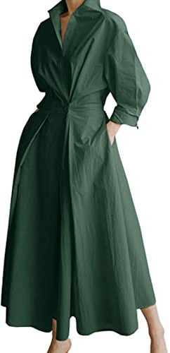Women Maxi Shirt Dress Long Sleeve Button Smocked Waist Long Dress Loose Swing Party Dress with Pockets (Dark Green, 5X-Large)