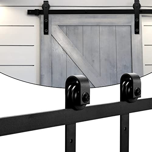 Tubiaz Schiebetürbeschlag Set 244cm (8FT) Schiebetürsystem Zubehörteil aus Kohlenstoffstahl Schwarz mit Laufrollen und Schiene, für holz Schiebetür, Holztür, schiebetor, bis 150KG, Rechteck