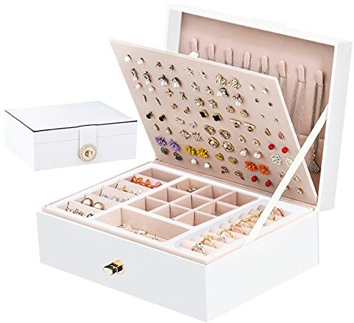 Ninonly Jewellery Box for Women 2 Layers Stackable Large Jewellery Organiser For Women with Lock PU Leather Jewellery Box with Removable Tray for Necklace Earrings Rings Bracelets Storage White