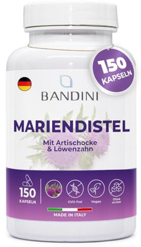 Bandini® Mariendistel Artischocke und Löwenzahn-Komplex 150 Kapseln | 80% hoher Silymarin-Gehalt | Natürliche Leberunterstützung, Fettverdauung | 1 Kapsel/Tag für 5 Monate Vorrat | Vegan, HPLC-Methode