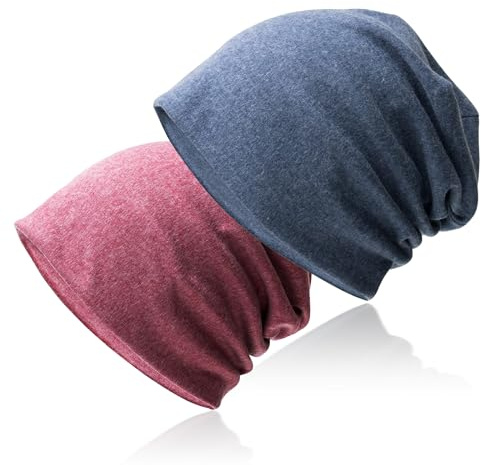 Hurinan Slouch Beanie Hat,Soft Baggy Beanie Hat and Cotton Jersey Skull Cap Winter Unisex Headwear for Men Women (Rose red+Blue)