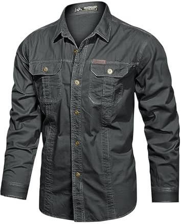Eisctnd Men's Long Sleeve Work Shirt, Utility Cotton Button Down Cargo Shirts with Pockets for Casual Outdoor Safari Darkgrey