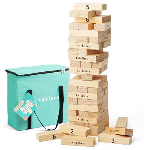 THE TWIDDLERS - Grande gioco da giardino a torre, 64 blocchi di legno di prima qualità, impilabili fino a 1,2 m di altezza - Giocattoli da costruzione all'aperto per bambini e adulti, include custodia