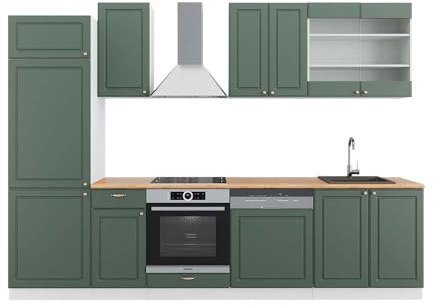 Vicco Küchenzeile Fame-Line, Grün-Gold Landhaus/Weiß, 300 cm, AP Eiche, passend für Flexible Küchenplanung und modulare Erweiterung