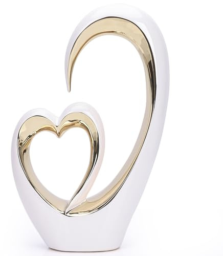 LCCCK Statua a forma di cuore in porcellana bianca e oro, scultura a doppio cuore dorato, decorazione per coppie, decorazione per la casa, tavolino da caffè, mensola per matrimoni, centrotavola (C)