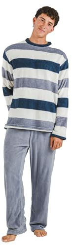 TRAMAS+ Pijama Hombre de Invierno, Pijama de Coralina con Manga Larga Polar y Pantalón Largo, Conjunto de Pijama Cómodo y calentito - M, Raya Alejo Indigo