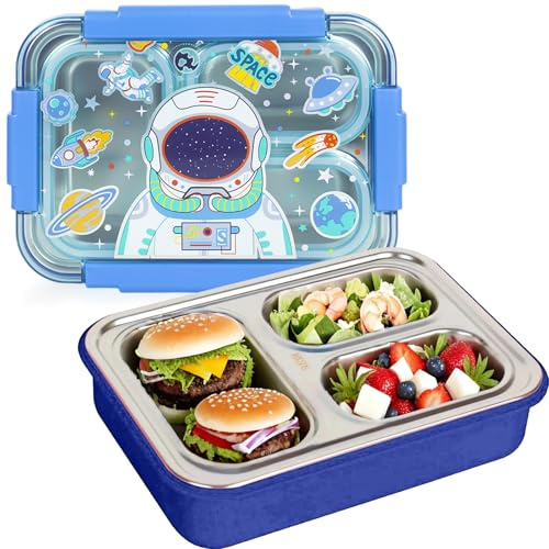 PinkSheep Stainless Steel Bento Lunch Box for Kids, 710 ml BPA-Free Leak-Proof Children Food Containers with 3 Compartments, Back to School Students Daycare Lunches Snack Container (Astronaut)