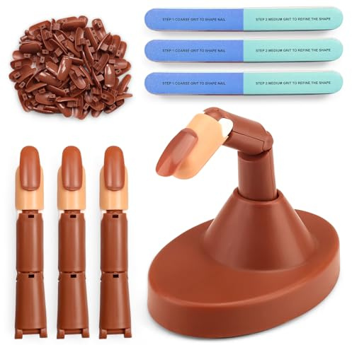 3 dedos de práctica para uñas acrílicas con base, puntas y bloque pulidor de uñas, maniquí ajustable para técnicos de uñas, kit de dedos de entrenamiento flexible móvil para principiantes (marrón)