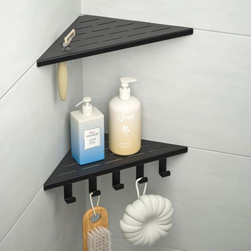 Bernkot 10'' Corner Shower Shelf, 304 Stainless Steel Shelves for Bathroom, Grout in Shelf with Hooks for Tiled Wall (Matte Black)