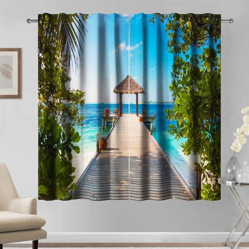 Kzzfqxb Tende 117x183cm 2 Pannelli, Foglie Verdi Blu Oceano Ponte di Legno per Padiglione Turistico Spiaggia Paesaggio Finestre Tendaggi, Decorazione Fresco per Camera da Letto Soggiorno
