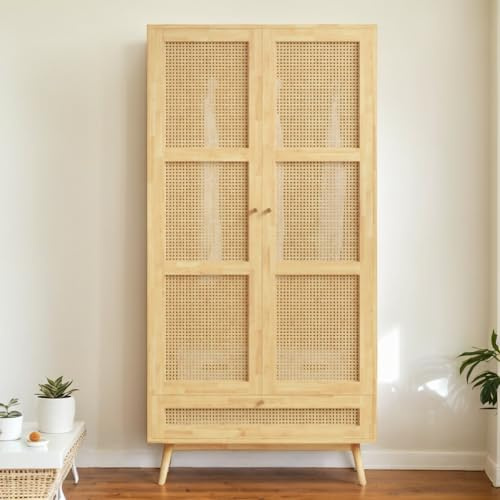 Moimhear Armadio con asta, 90x45x183cm, armadio a 2 ante, camera da letto, rete in rattan, con coperchio inferiore a ribalta, pannelli truciolare + rattan PE