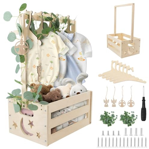 ZOCONE Wooden Baby Shower Crate Closet, Wooden Baby Hamper Basket with Hangers Decorative Leaves Tags, New born Shower Crate Closet for New Parents Pregnancy, Crates for Babies with Hangers