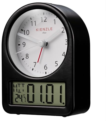 Kienzle Retro väckarklocka med analog urtavla, digital display för datum och temperatur, metallhölje, bakgrundsbelysning, batteridriven