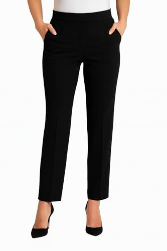 MAARAE Women's Straight Leg Trousers with Elasticated Waist – Comfortable Stretch Pants for Work, Office & Casual Wear | Black 25 | Size 16