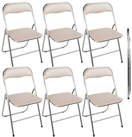 MA MAISON Set 6 Sedie Pieghevoli Imbottite - Seduta Comoda, Portatile, Struttura in Metallo, Slim, Salvaspazio, Resistenti, per Casa, Campeggio, Ufficio - da Interno, Esterno (Beige, Similpelle)
