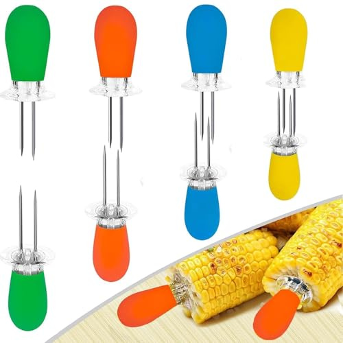 16 Pcs/8 Pairs Sweetcorn Holders, with Multi-Colour Silicone Handle Interlocking Double BBQ Fork Skewers for Home Cooking Parties Camping & Convenient Butter Spreading Tool (4 Colors)