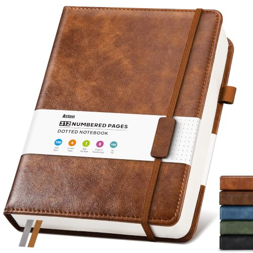 Bullet Dotted Journal Leather Notebook: 312 Numbered Pages & Content 100GSM Thick Paper Hardcover Dot Grid Notebook, Journaling Notebooks for Work Writing Drawing Planning Tracking A4
