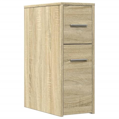 Roanoer Armadietto da bagno stretto con ruote, armadietto a nicchia in legno con 2 cassetti, mobile da bagno per nicchie, scaffale da bagno salvaspazio, 22 x 44 x 61,5 cm, rovere Sonoma