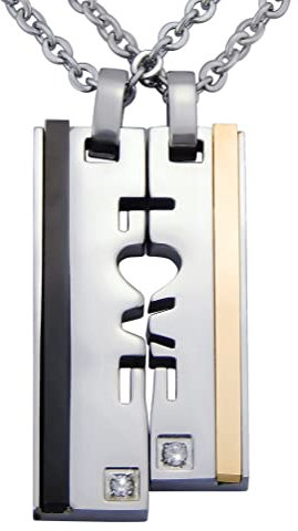 Hanessa 2 Stück Personalisierte Kette mit Gravur Edelstahl 50 cm mit Anhänger LOVE mit Stein in silber schwarz gold - Personalisierte Geschenke für Damen Herren Freundin Freund - Partner Halskette