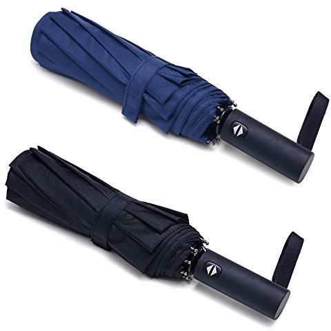 PFFY 2 Packs Travel Umbrella Windproof Auto Open & Close Collapsible Folding Small Compact Backpack Car travel Essentials Purse Umbrellas for Rain Black+Blue